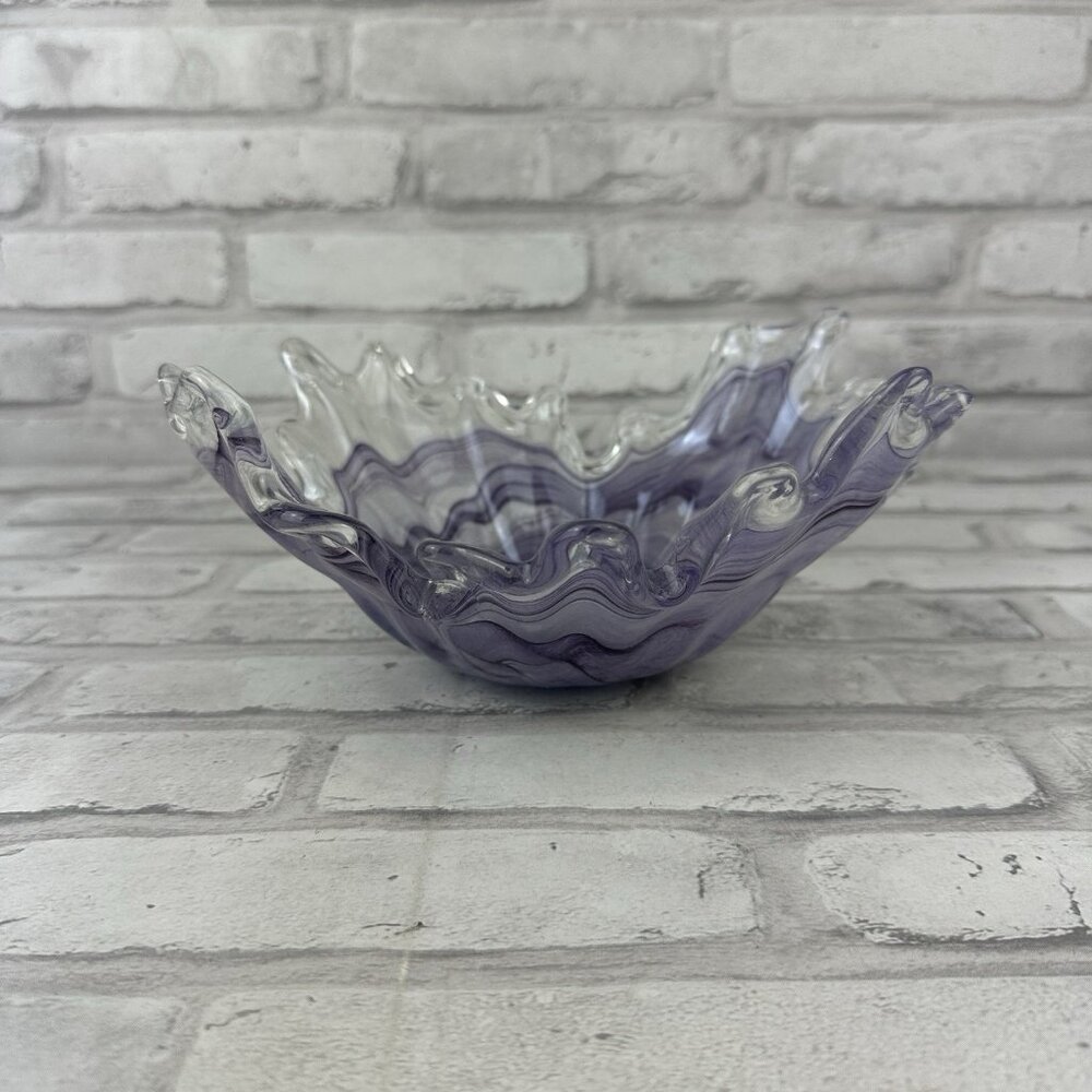 Lavorazione Arte Murano Purple White Italian Glass Handkerchief Bowl 9"